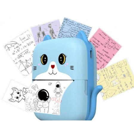 Set Mini Imprimanta Foto Portabila, Cyrax, Include: 1x Set de Markere, 5x Role de Hartie Termica, 5x Role Hartie Adeziva, Incarcare USB, Bluetooth, Print Alb-Negru, Model Pisicuta, Albastru