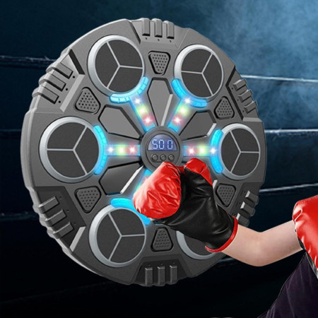 Jucarie de Boxat cu Muzica si Lumini, Cyrax, Manusi Incluse, Bluetooth, Incarcare USB, Aplicare cu Ventuze, 6 Tinte, 32x27x3.5 cm, 930 g, Negru