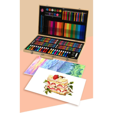 Set 180 Piese pentru Desen si Pictura, Cyrax, Tip Servieta din Lemn, Model Natur, 46 x 30.9 x 4.1 cm, Multicolor