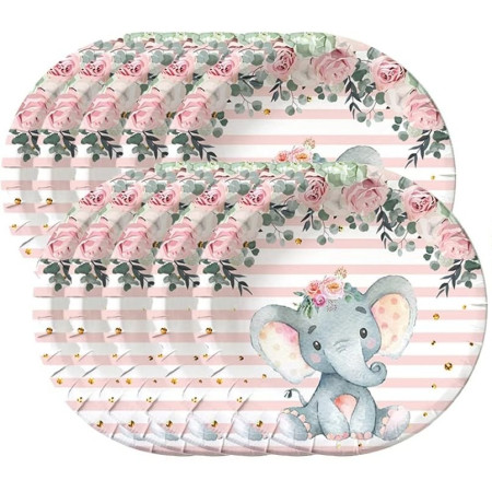 Set 10 Farfurii Unica Folosinta, Cyrax, Imprimeu Elefant, din Carton, 17 cm, Roz