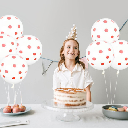 Set 10 Baloane din Latex, Cyrax, Model Party cu Buline, 30 cm, Alb si Rosu, 2.8 g