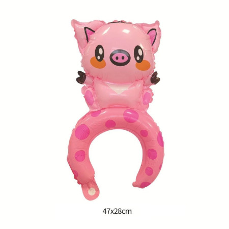 Balon din Folie Metalizata, Cyrax, Tip Coronita, Model Purcelus, Ambalaj Individual, Pai Inclus, Umflare cu Aer sau Heliu, 47 x 28 cm, Roz