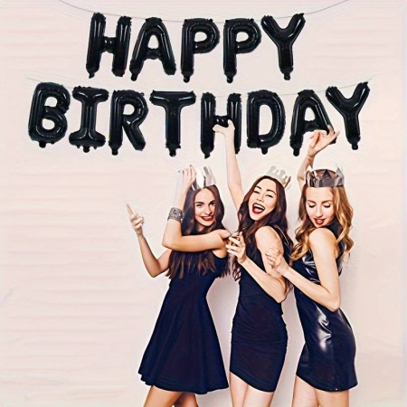 Set 25 de Baloane din Folie Metalizata si Latex, Cyrax, Figurine 2 Stele, 4 Baloane Confetti, 13 Litere, 6 Latex, Model Happy Birthday, Tema Aniversare, 40 cm, Ambalaj Individual, Pai Inclus, Umflare cu Aer sau Heliu, Negru