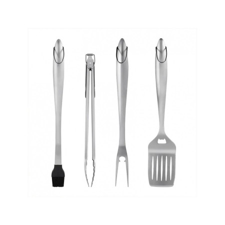 Set 4 ustensile pentru gratar Cyrax, din otel inoxidabil, cu agatatoare, rezistente la temperaturi ridicate, argintiu