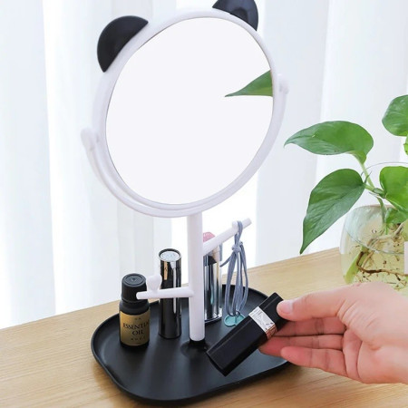 Oglina Cosmetica cu Picior, Cyrax, HD, Rotire 360 Grade, 15 cm Diametru, Suport Bijuterii Baza + Brate, Model cu Urechi, 30 x 16.5 x 15 cm, Alb/Negru