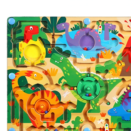 Joc Montessori de Sortare Culori, Cyrax, Creion Magnetic, Tip Labirint Ilustrat, din Lemn, Model Dinozauri, 39x29x1.5 cm