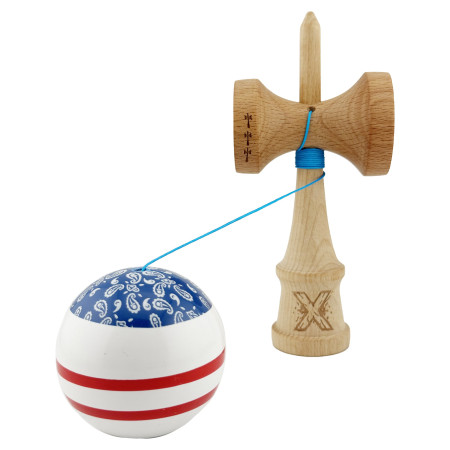 Kendama X CHICANOS Originala, Profesionala, Cyrax, Big Cups V2, Super Sticky cu Cupe Mari, Rulment Metalic, din lemn 18 cm, Ata 55 cm, Albastru/Alb