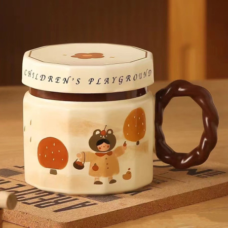 Cana din ceramica, Cyrax, Cana pentru Cafea, Ceai, Cana Universala, Unisex, Cana cu Capac, 9 x 8 x 8 cm, 400 ml, Model Fetita, Bej