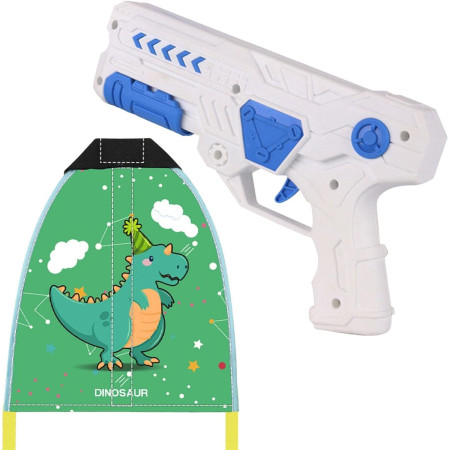 Set 2 Piese Jucarie Interactiva, Cyrax, Pistol de Catapultare + Zmeu, din Plastic si Panza, +8 Ani, Impermeabil, Model Dinozaur Verde, Multicolor