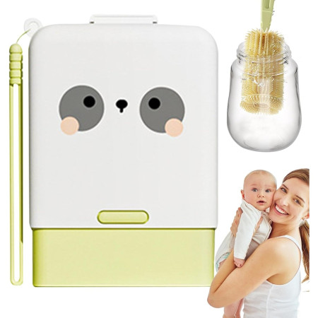 Set 7 Piese de Spalat/Uscat Biberoane, Cyrax, Portabil, Peri de Silicon, pentru Tetine, Suzete, Biberoane, Paie, Cutie Inclusa, 16.8 x 12 x 5 cm, Model Panda, Verde