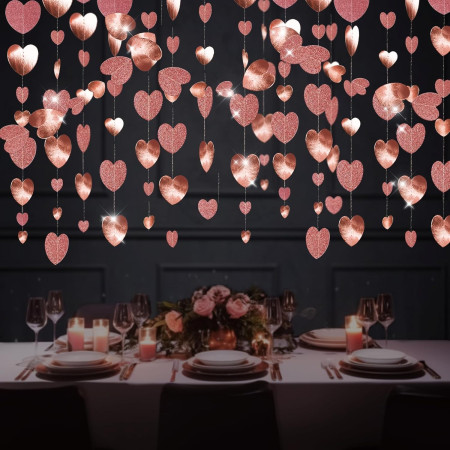 Banner cu Inimioare, Cyrax, Tip Franjuri, 4 m, Rola de Ata Inclusa, Roz cu Sclipici