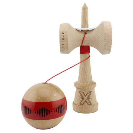 Kendama X Originala FREQUENCY, Profesionala, Cyrax, Cupe Mari KING SIZE V3, Super Sticky, Gaura in Baza, Rulment Metalic, din lemn 18 cm, Ata 55 cm, Rosu/Maro