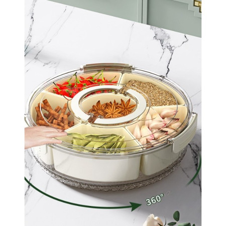 Cutie de Depozitare pentru Alimente, Cyrax, cu 6 Compartimente, pentru Condimente, Fructe, Legume, cu Manere de Prindere, Rotativa 360 de Grade, Inchidere Ermetica, 32x8 cm, Alba