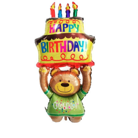 Balon din Folie Metalizata, Cyrax, Figurine Animalute, Model Ursulet cu Tort Aniversar, 124x65 cm, Ambalaj Individual, Pai Inclus, Umflare cu Aer sau Heliu, Multicolor