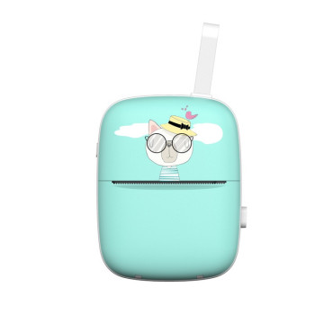 Set Mini Imprimanta Foto Portabila, Cyrax, Include: 1x Set de Markere, 5x Role de Hartie Termica, 5x Role Hartie Adeziva, Incarcare USB, Bluetooth, Print Alb-Negru, Model Pisica, Albastru