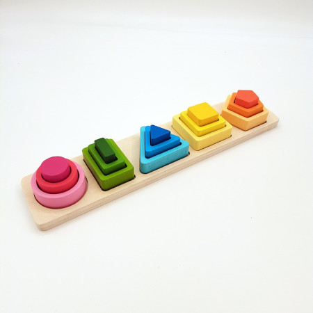 Jucarie Montessori din Lemn, Cyrax, Tip Puzzle, cu 5 Forme Asimetrice, 15 Piese, Educativa, Interactiva, Creativa, Model Forme Geometrice, Materiale Non Toxice, +2 Ani, 29x6.5 cm, Multicolor