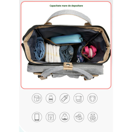 Rucsac Multifunctional pentru Mamici, Cyrax, cu Patut Pliabil si Baza de Schimbat, Rezistent la Apa, Capacitate Mare, Usor, Compartimente Multiple, Buzunar Termic pentru Lapte, 42 x 32 x 22 cm, Negru