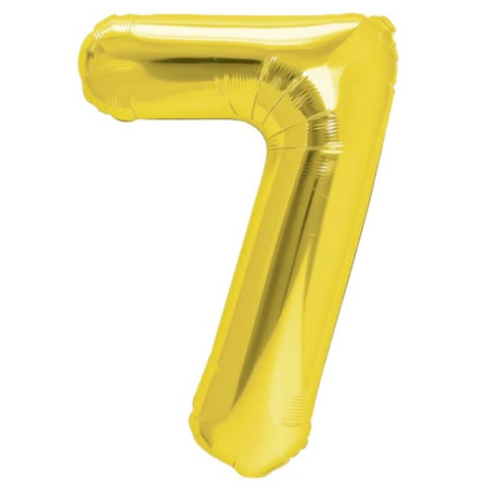 Balon din Folie Metalizata Cyrax, Figurina Cifra, Tema Aniversare 40 cm, Ambalaj Individual, Pai inclus, Umflare cu Aer sau Heliu, Auriu, Cifra 7
