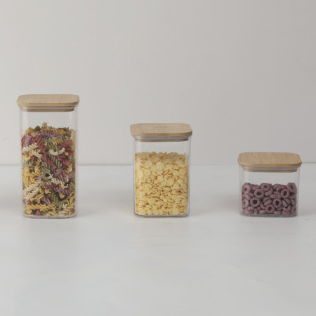 Cutii de Depozitare Alimente, Cyrax, Set din 6 Cutii de tip Container, Cutii pentru Cereale, din Plastic, Capac din Bambuc, 2pc 0.5 l. 2pc 0.8 l, 2pc 1.2 l, Transparente