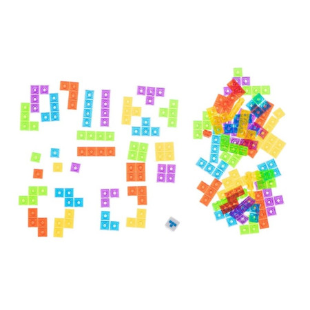 Joc de inteligenta Tetris puzzle tangram Cyrax, 70 de piese multicolore, 3D, montessori, interactiv, din plastic, zar inclus, sac depozitare piese, varsta peste 6 ani, 23 x 19.8 x 5 cm, cadru rosu