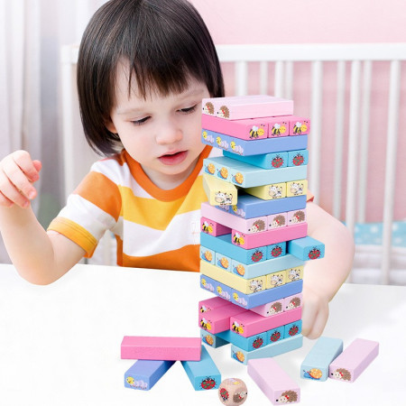 Joc de Societate, Cyrax, pentru Copii, din Lemn, Interactiv, Distractiv, Jenga Stack High Blocks, cu Zar, 51 de Piese Animate, 24.5x18x5 cm, Multicolor