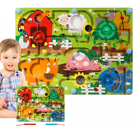 Joc Montessori de Sortare Culori, Cyrax, Creion Magnetic, Tip Labirint Ilustrat, din Lemn, Model Ferma, 39x29x1.5 cm