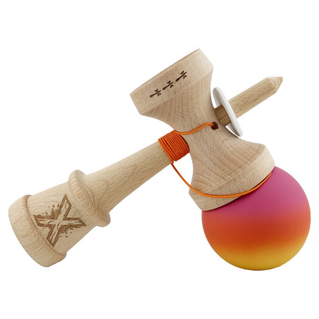 Kendama X Originala, Profesionala, Cyrax, Cupe Mari KING SIZE V3, Rubber Grip, Gaura in Baza, Rulment Metalic, din lemn 18 cm, Ata 62/65 cm, Gradient Roz/Rosu/Galben