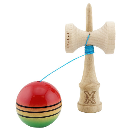 Kendama X Originala, Profesionala, Cyrax, Big Cups V2, Super Sticky Legendary Cupe Mari, Rulment Metalic cu Ata 55 cm, Rosu/Galben/Verde