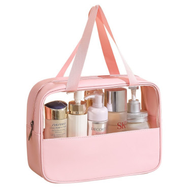 Geanta cosmetice Cyrax, pentru voiaj sau organizare, material PVC/textil, impermeabila, portabila, 30 x 21 x 12 cm, roz