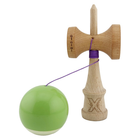Kendama X Originala, Profesionala, Cyrax, Big Cups V2, Super Sticky cu Cupe Mari, din lemn 18 cm, Rulment Metalic cu Ata 55 cm, Verde deschis/Alb