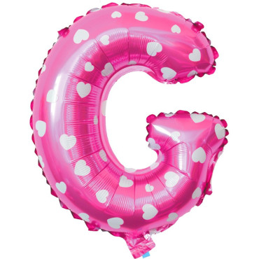 Balon Folie Metalizata Litera G, Cyrax, 40 cm, Cu Imprimeu Inimioare, Umflati cu Heliu sau Aer, Ambalaj Individual, Pai inclus, Roz
