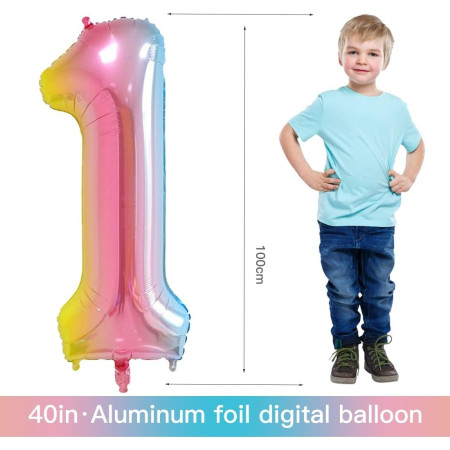 Balon din Folie Metalizata Gradient Cyrax, Figurina Cifra, Tema Aniversare 100 cm, Ambalaj Individual, Pai inclus, Umflare cu Aer sau Heliu, Multicolor, Cifra 1