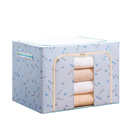 Cutie de Depozitare Pliabila,  100 L, din Tesatura Oxford, 60x42x40 cm, Fereastra Frontala, 2 Usi de Acces cu Fermoar Bidirectional, Cadru Metalic, Suport Baza Stabil din Plastic, Imprimeu Cirese, Albastru
