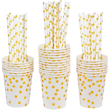 Set 10 Pahare, Cyrax, Imprimeu cu Buline, din Carton, 250 ml, 7.5 x 8.5 x 5.2 cm, Auriu