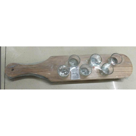 Pahare Shot din Sticla, Cyrax, Set 6 pahare pentru Shot cu Suport din Lemn, Design Rustic, 41 x 8.5 x 6 cm, Model 2, Maro