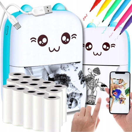 Mini Imprimanta Foto Portabila, Cyrax, Incarcare USB, Bluetooth, Model Ursulet, 12 x 9 x 5 cm, Alb Albastru