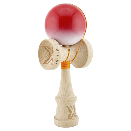 Kendama X Originala, Profesionala, Cyrax, Big Cups V2, Super Sticky cu Cupe Mari, din lemn 18 cm, Rulment Metalic cu Ata 55 cm, Gradient Rosu/Alb