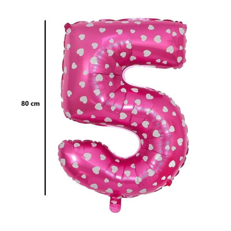 Balon din Folie Metalizata Cyrax, Figurina Cifra, Imprimeu Inimi, Tema Aniversare 80 cm, Ambalaj Individual, Pai inclus, Umflare cu Aer sau Heliu, Roz, Cifra 5