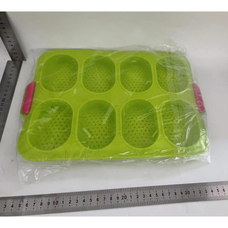 Forme de Silicon pentru Copt, Cyrax, 8 Forme Ovale, pentru Paine si Prajituri, 34.5 x 23.8 x 2.5 cm, Verde/Roz