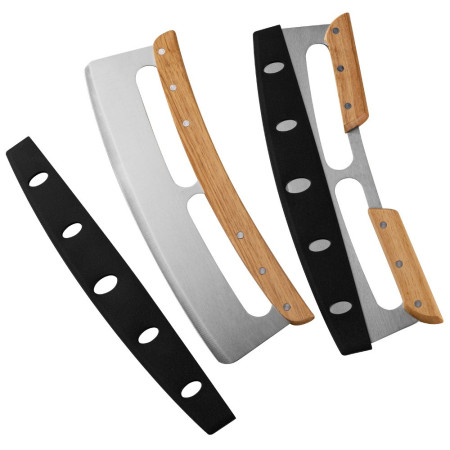 Taietor Feliator de Pizza, Cyrax, din Otel Inoxidabil, cu Capac, Maner din Lemn, Antialunecare, Lama Neteda si Ascutita, 34x10 cm, Maro