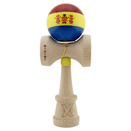 Kendama X Originala, Profesionala, Cyrax, Tricolor Edition Stil Romanesc, Super Sticky cu Cupe Mari KING SIZE V3, Rulment Metalic si Gaura in Baza, din Lemn 18 cm, Ata 62/65 cm, Multicolor