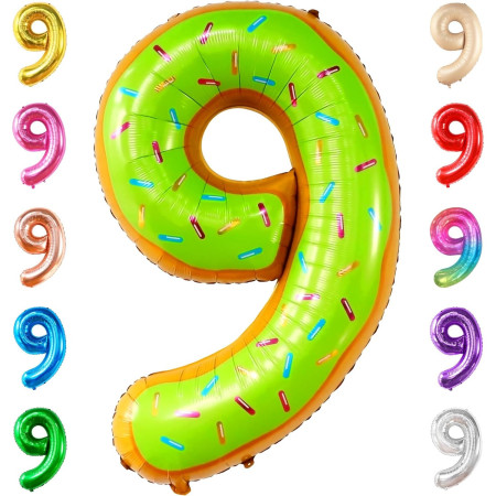 Balon din Folie Metalizata Cyrax, Figurina Cifra, Imprimeu Gogosi, Tema Aniversare 100 cm, Ambalaj Individual, Pai inclus, Umflare cu Aer sau Heliu, Multicolor, Cifra 9