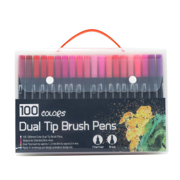 Set 100 Carioci, Cyrax, pe Baza de Apa, 2 Tipuri de Varf, 1-2 mm, 0.4 mm, Corp Carioca Negru, din Plastic, Multicolor