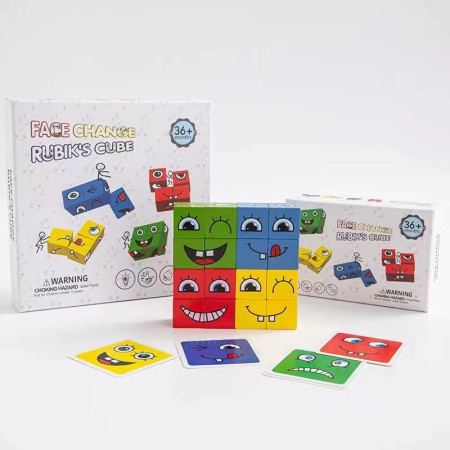 Jucarie pentru copii montessori Cyrax, cub din lemn, asamblare fete, 64 de carti distractive, pentru baieti si fete, varsta +3 ani, educativ, multicolor