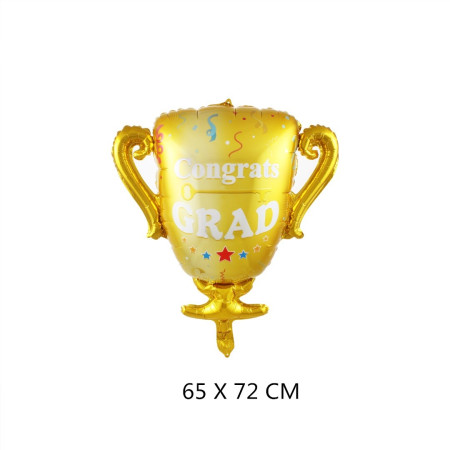 Balon din Folie Metalizata, Cyrax, Figurina Cupa, Tema Absolvire, 65x72cm, Ambalaj Individual, Pai Inclus, Umflare cu Aer sau Heliu, Galben