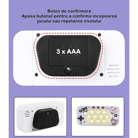 Jucarie interactiva tip consola pentru copii Cyrax, speed push whack-a-mole, joc de viteza pop it, material ABS/silicon, cu nivele, sunete si lumini, 15.5 x 7.6 x 5.3 cm, model elfi, mov