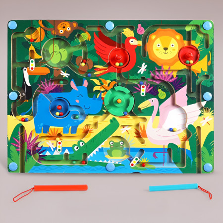 Joc Montessori de Sortare Culori, Cyrax, Creion Magnetic, Tip Labirint Ilustrat, din Lemn, Model Animale Salbatice, 39x29x1.5 cm