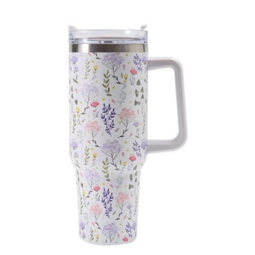 Cana Termos din Plastic, Cyrax, pentru Bauturi Calde si Reci, cu Maner, Imprimeu Floral,  Alb, 10x7.6x27.5 cm