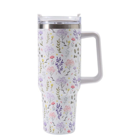 Cana Termos din Plastic, Cyrax, pentru Bauturi Calde si Reci, cu Maner, Imprimeu Floral,  Alb, 10x7.6x27.5 cm