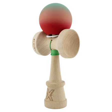 Kendama X Originala, Profesionala, Cyrax, Cupe Mari KING SIZE V3, Rubber Grip, Gaura in Baza, Rulment Metalic, din lemn 18 cm, Ata 62/65 cm, Gradient Verde/Roz/Rosu
